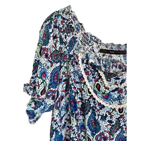 azelhazel hazel hazel haze Women's Colorful Print Blouse Top 100%Rayon Sz L Blue - Picture 5 of 9